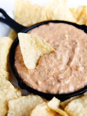 Bean dip and tortilla chips.