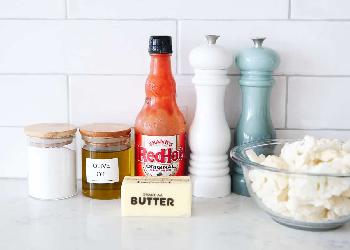 Buffalo cauliflower ingredients on counter.