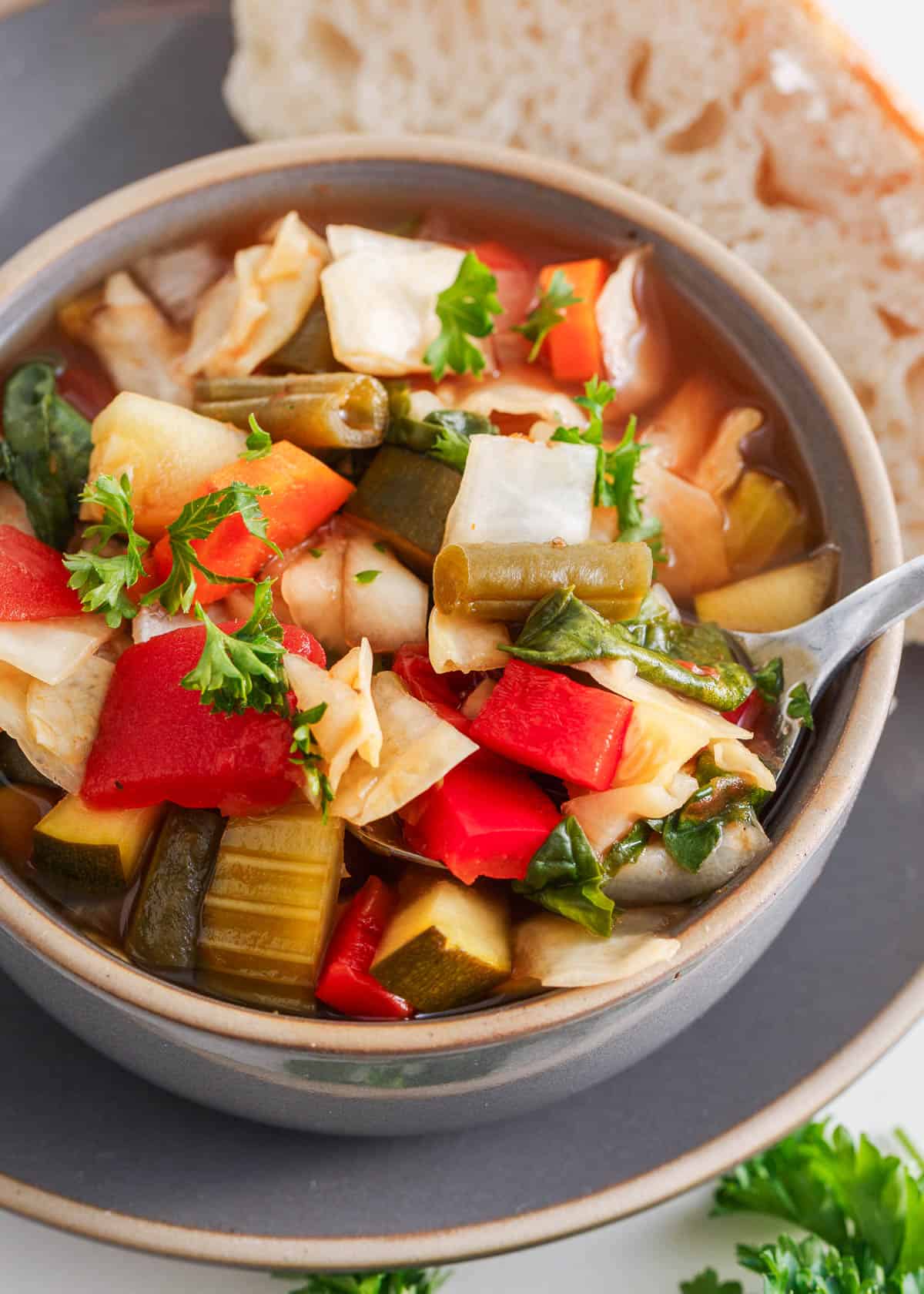 Cabbage soup in a bowl. 