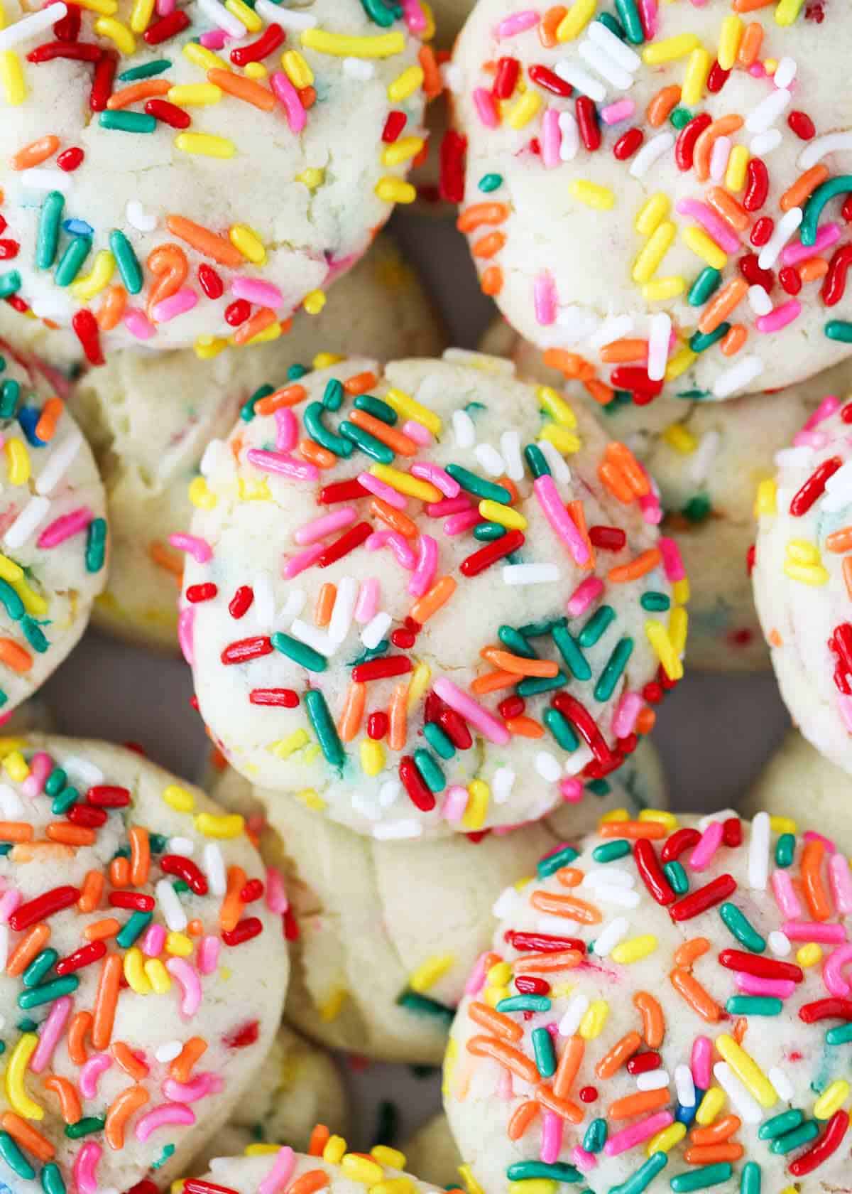 Funfetti cookies stacked.