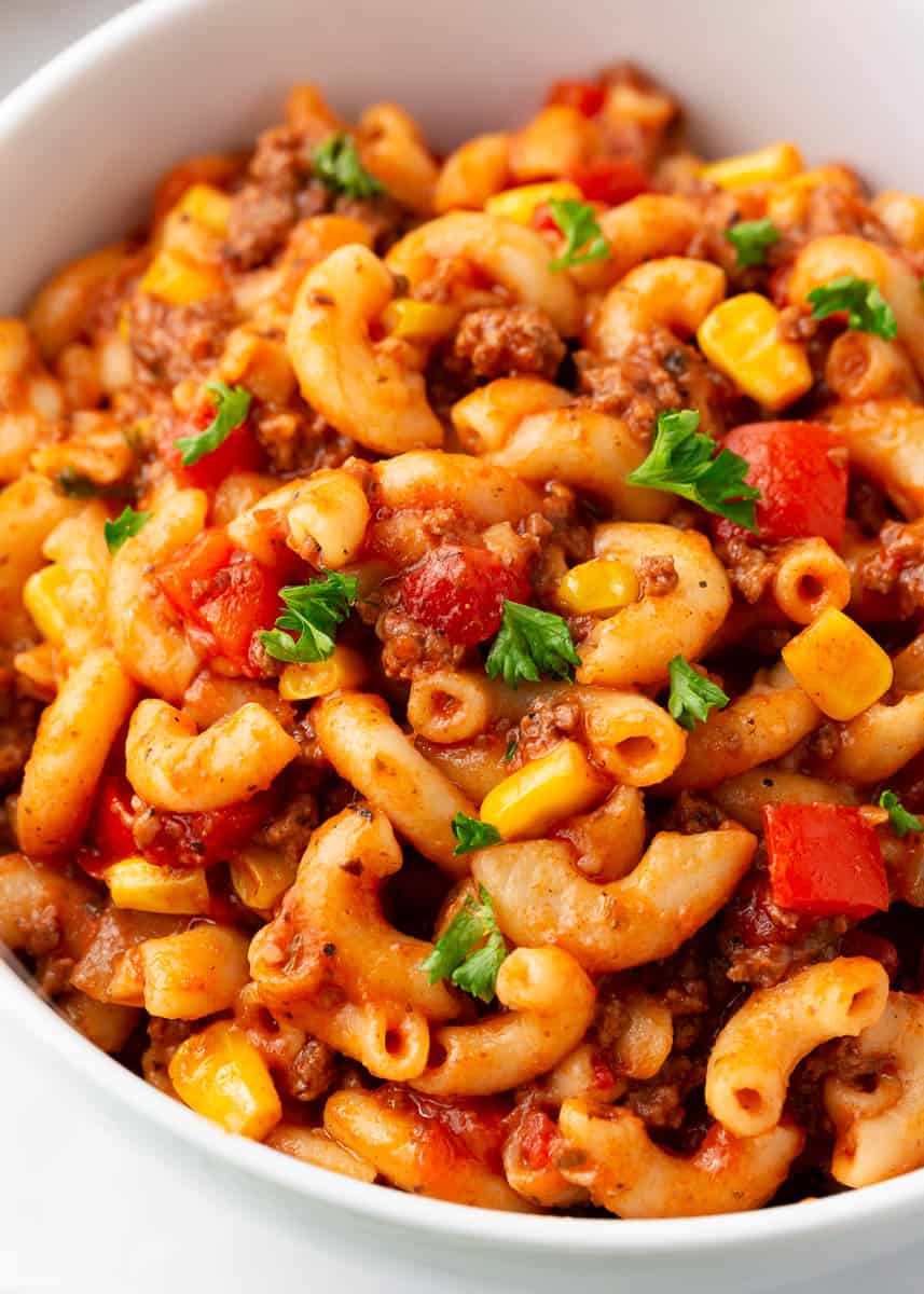 Goulash in a white bowl.