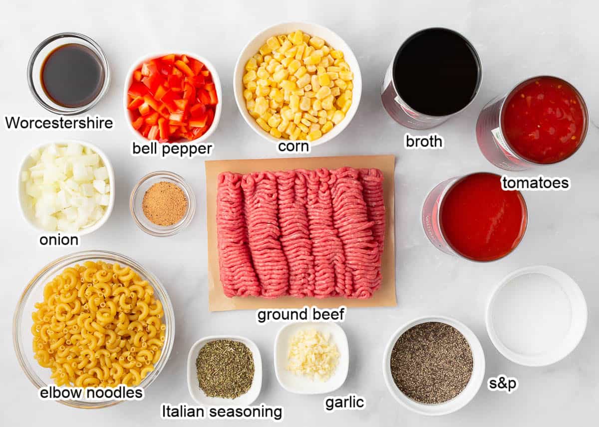 Ground beef, tomato sauce, diced tomatoes, bell pepper, corn, elbow noodles, onion and seasonings.