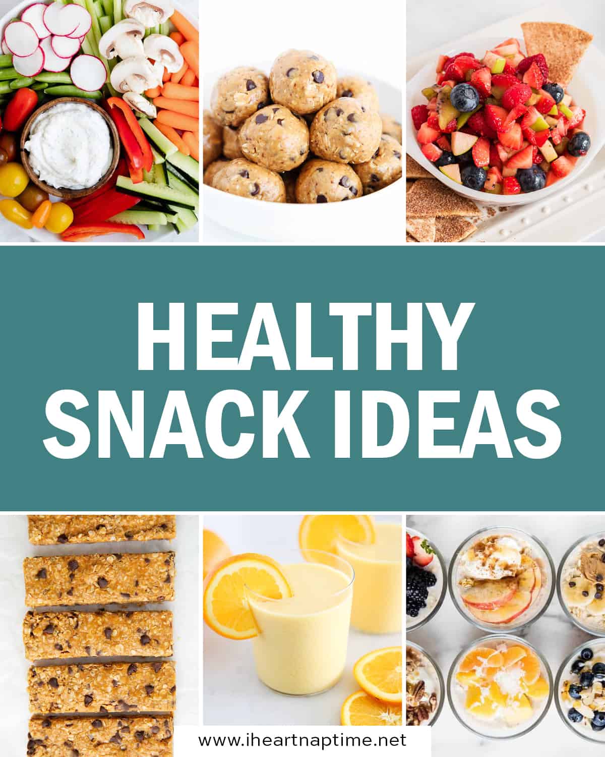 A collage of healthy snack ideas photos.