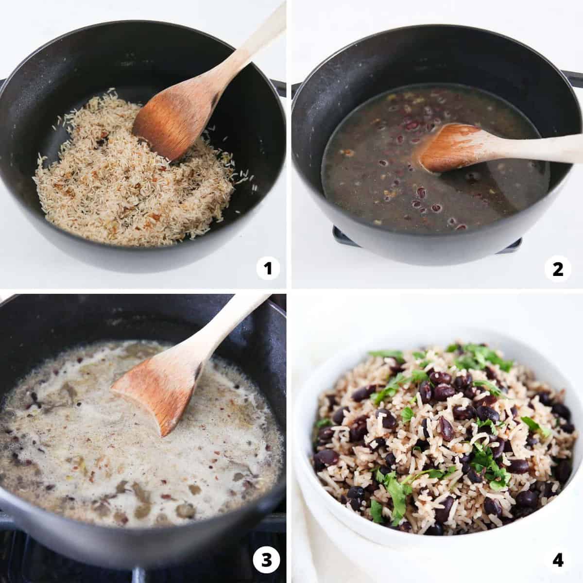 Showing how to make black beans and rice in a 4 step collage.