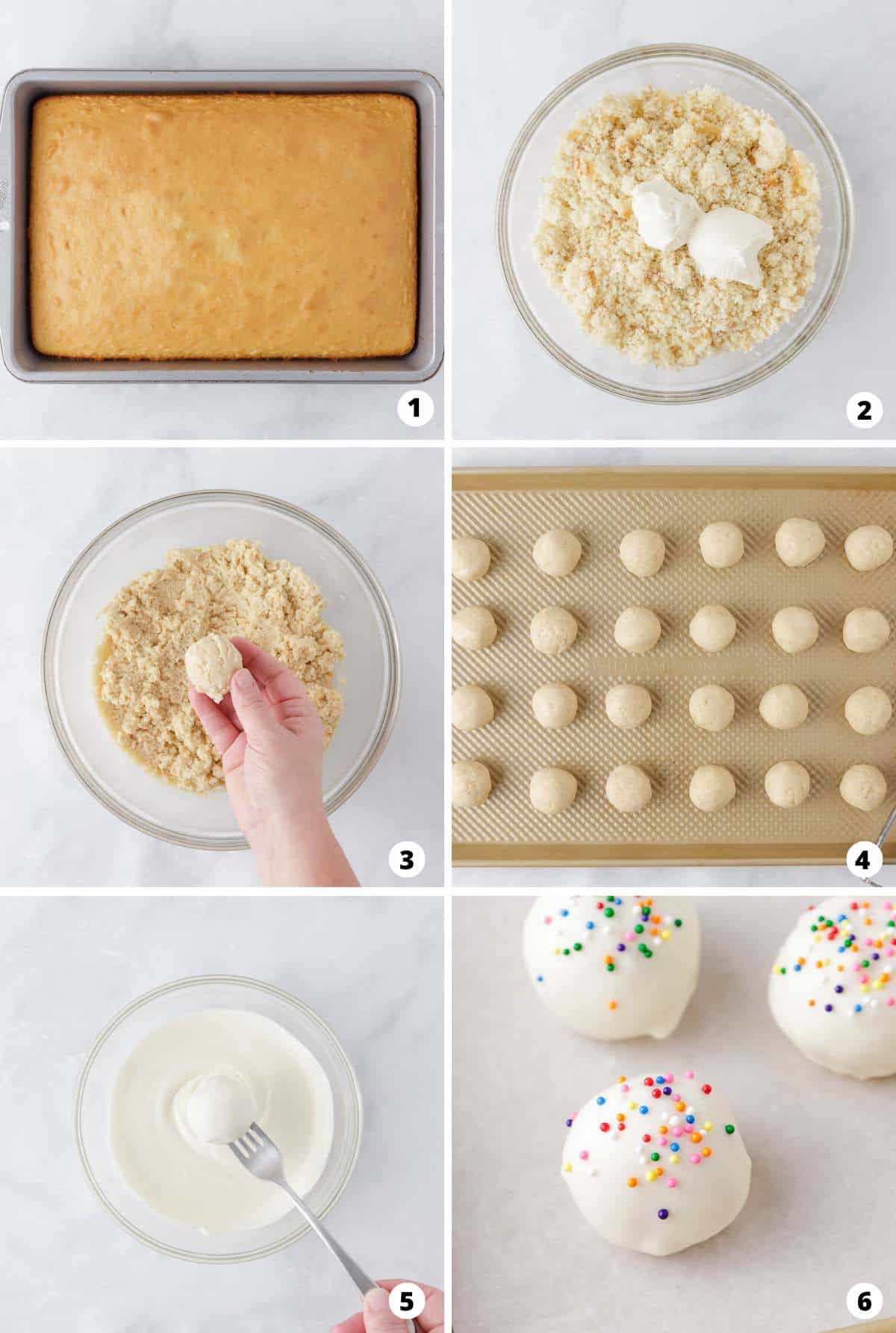 Showing how to make cake balls in a 6 step collage.