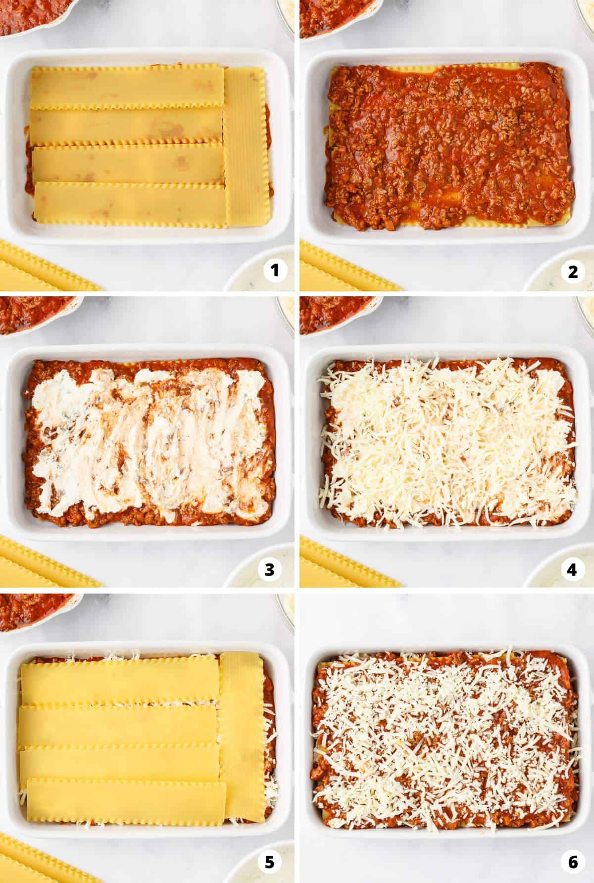 Showing how to make lasagna in a 6 step collage.