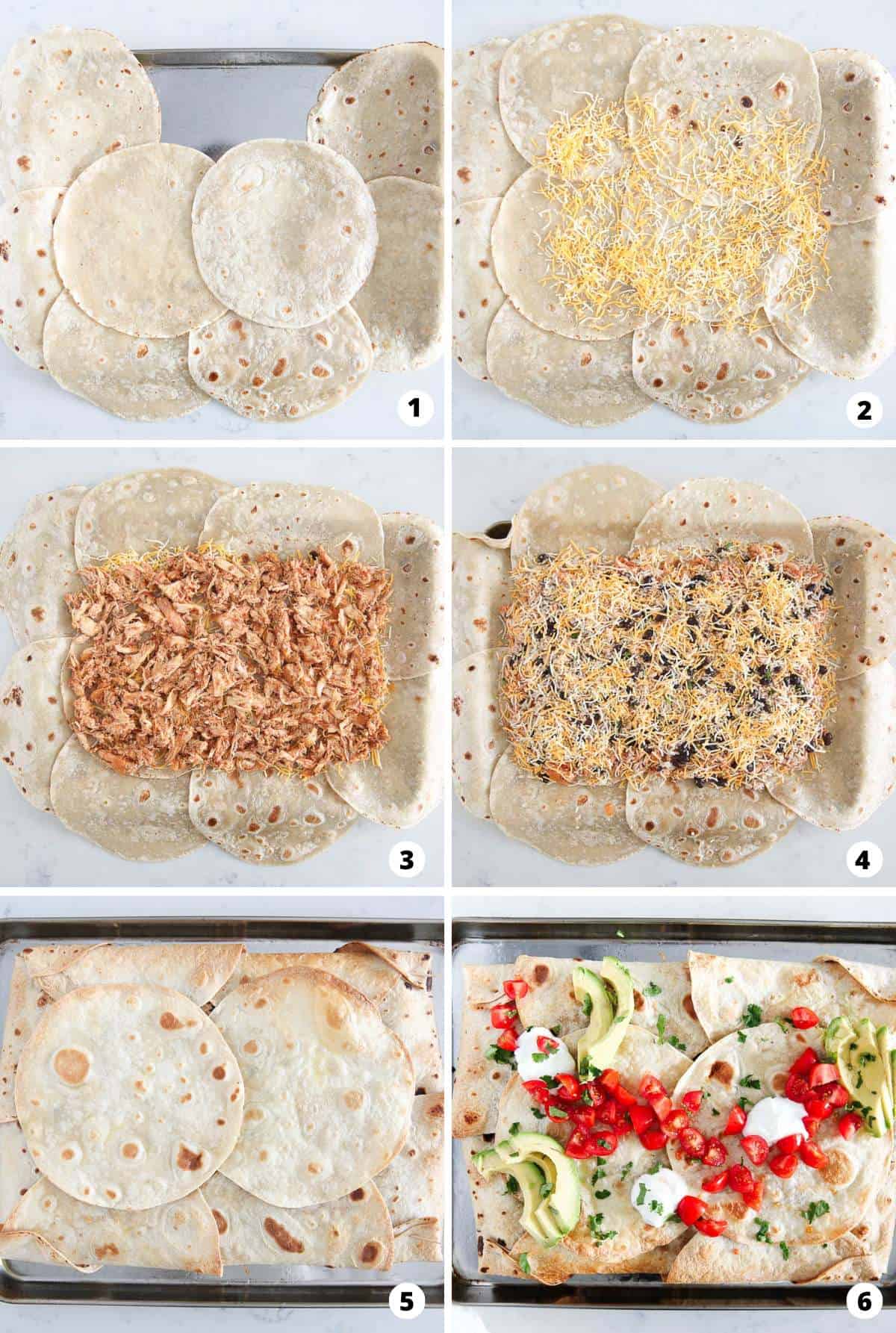 Showing how to make sheet pan quesadillas in a 6 step collage.