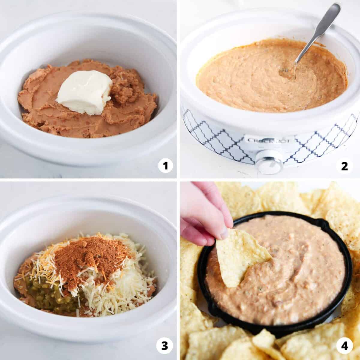 Showing how to make bean dip in a 4 step collage.