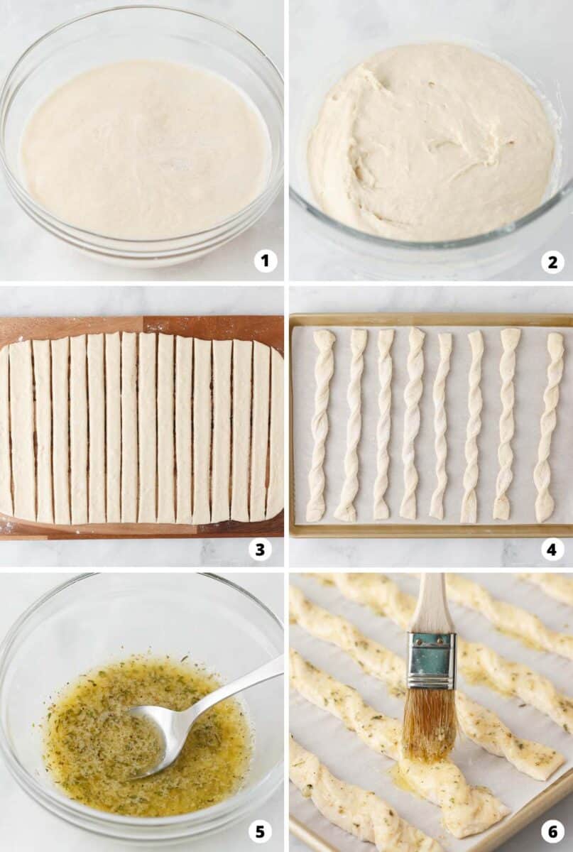 Showing how to make breadsticks in a 6 step collage.