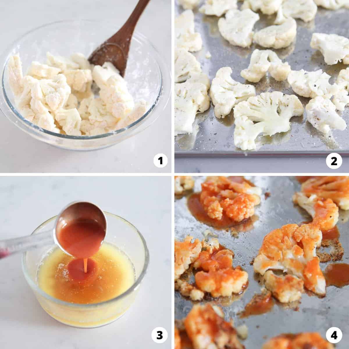Showing how to make buffalo cauliflower in a 4 step collage.