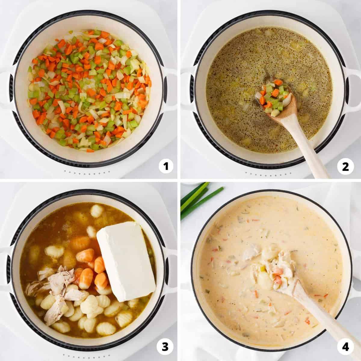 Showing how to make buffalo chicken soup in a 4 step collage.