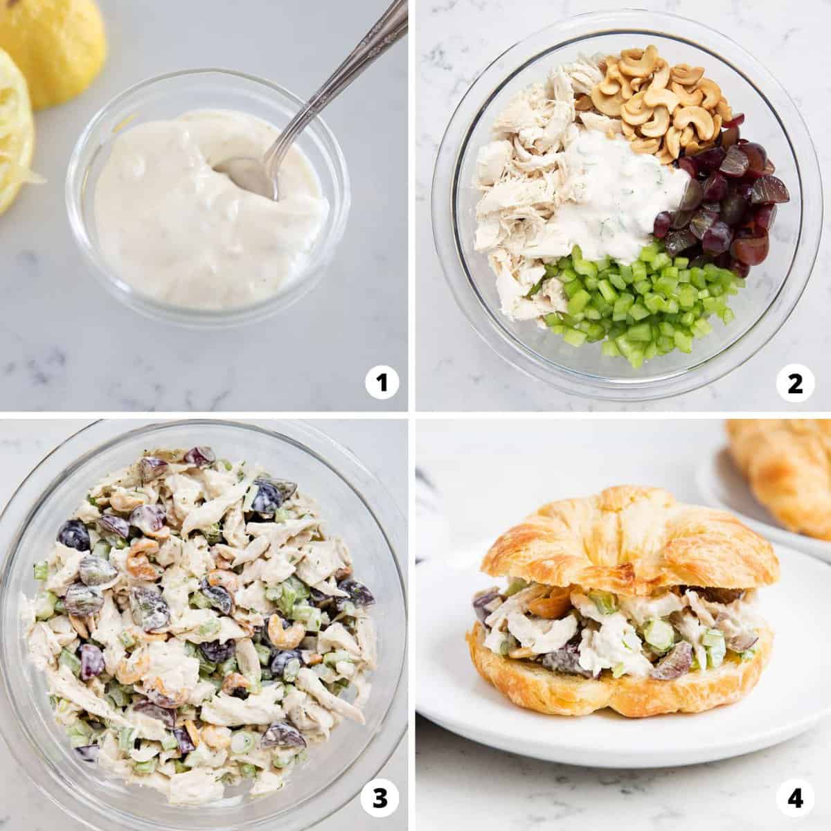 A four step process collage for making chicken salad. 