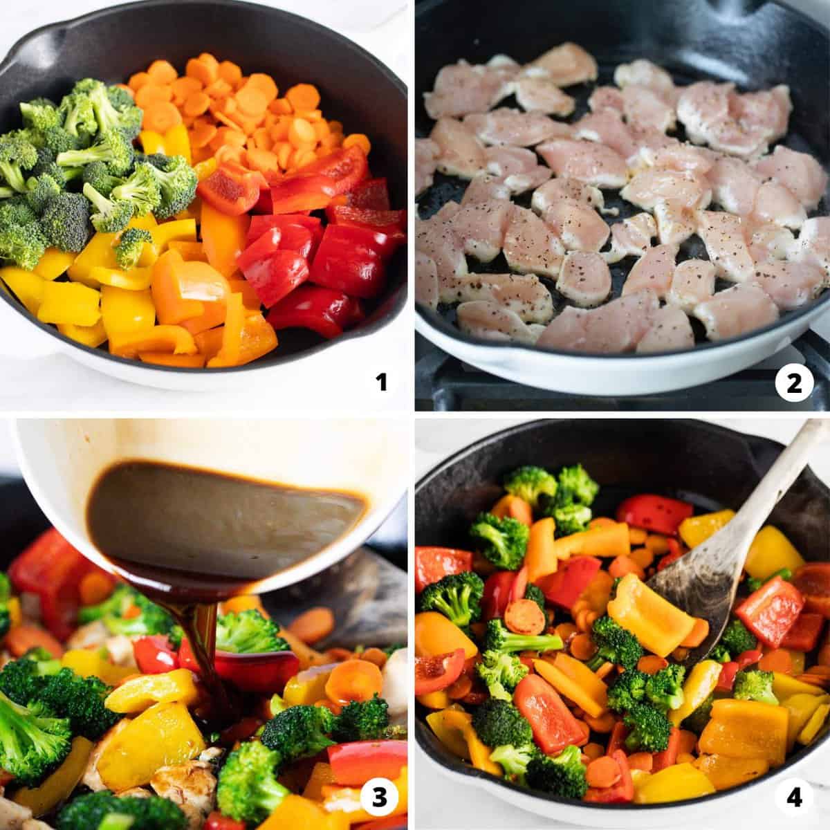 The process of making chicken stir fry in a four step photo collage. 