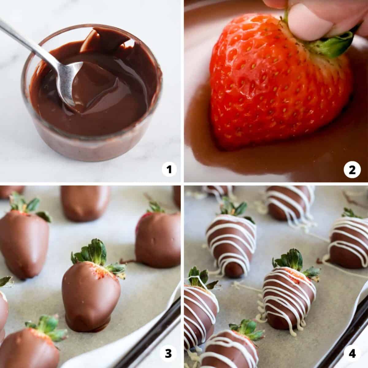 Showing how to make chocolate covered strawberries in a 4 step collage.