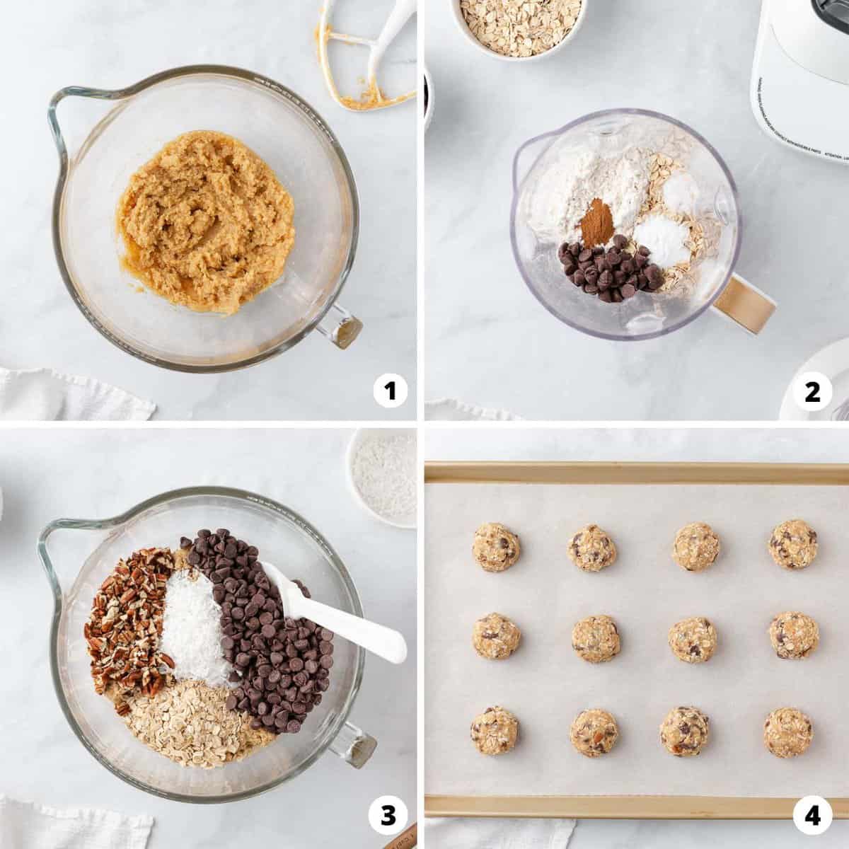 Showing how to make cowboy cookies in a 4 step collage.