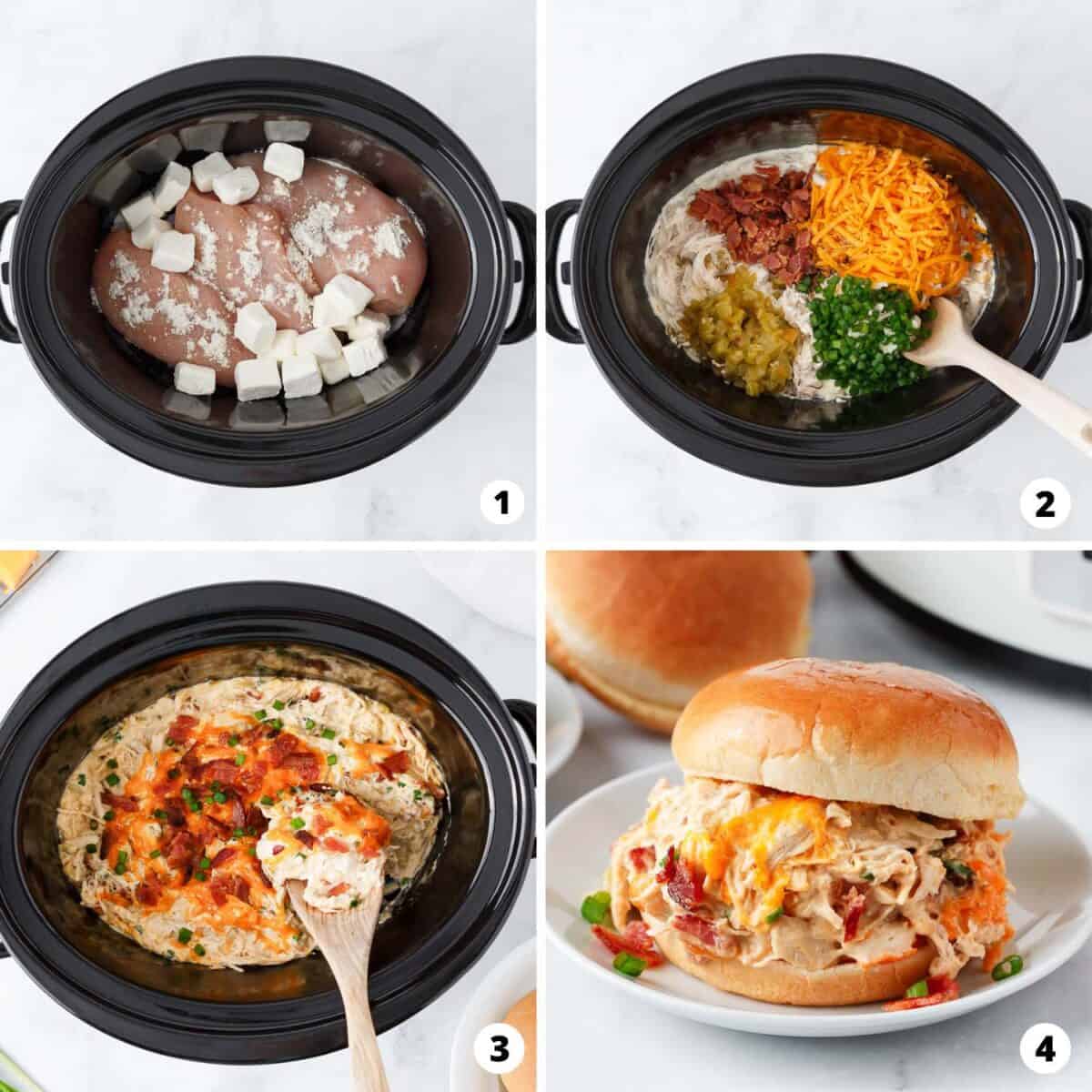 Showing how to make crockpot crack chicken in a 4 step collage.