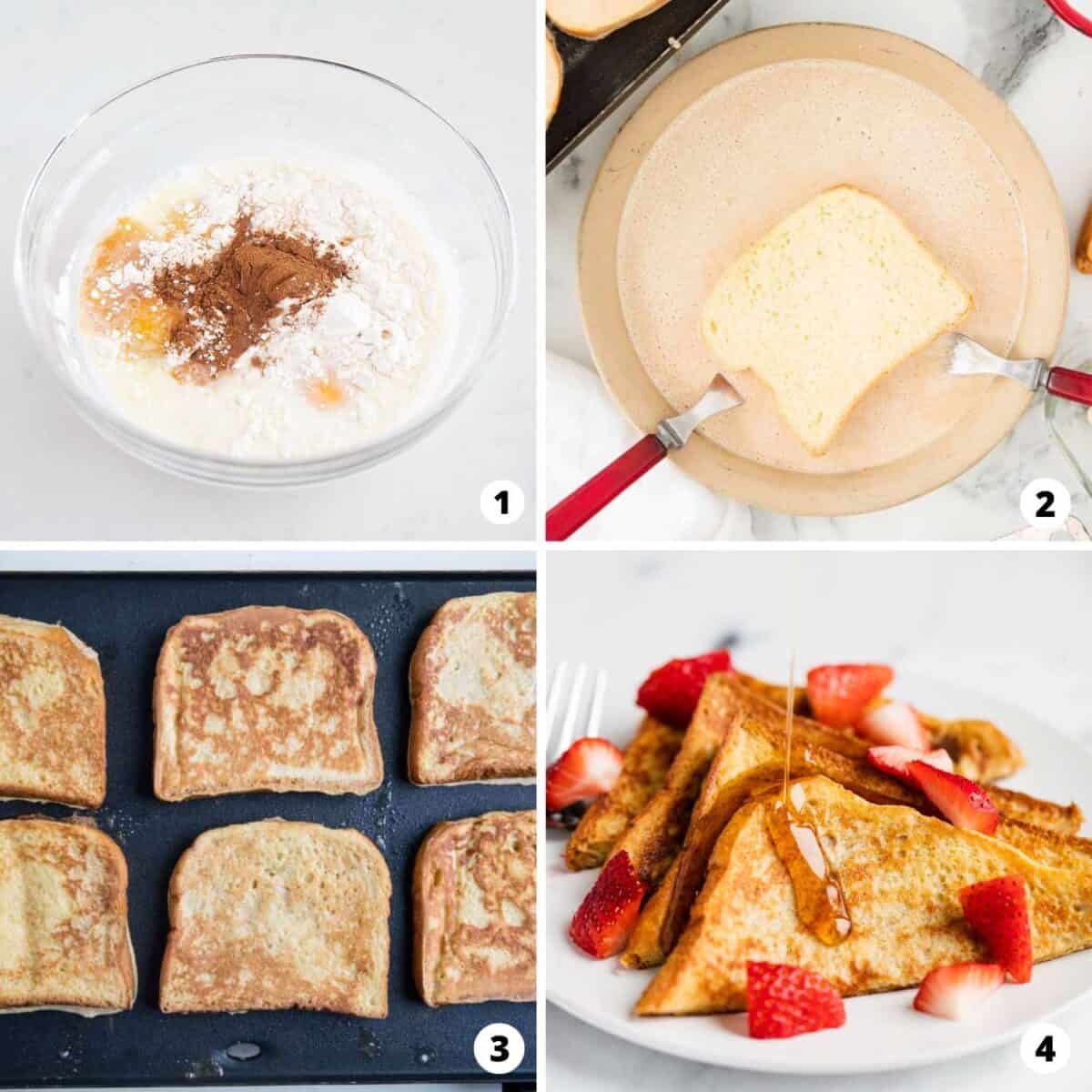 Showing how to make french toast in a 4 step collage.