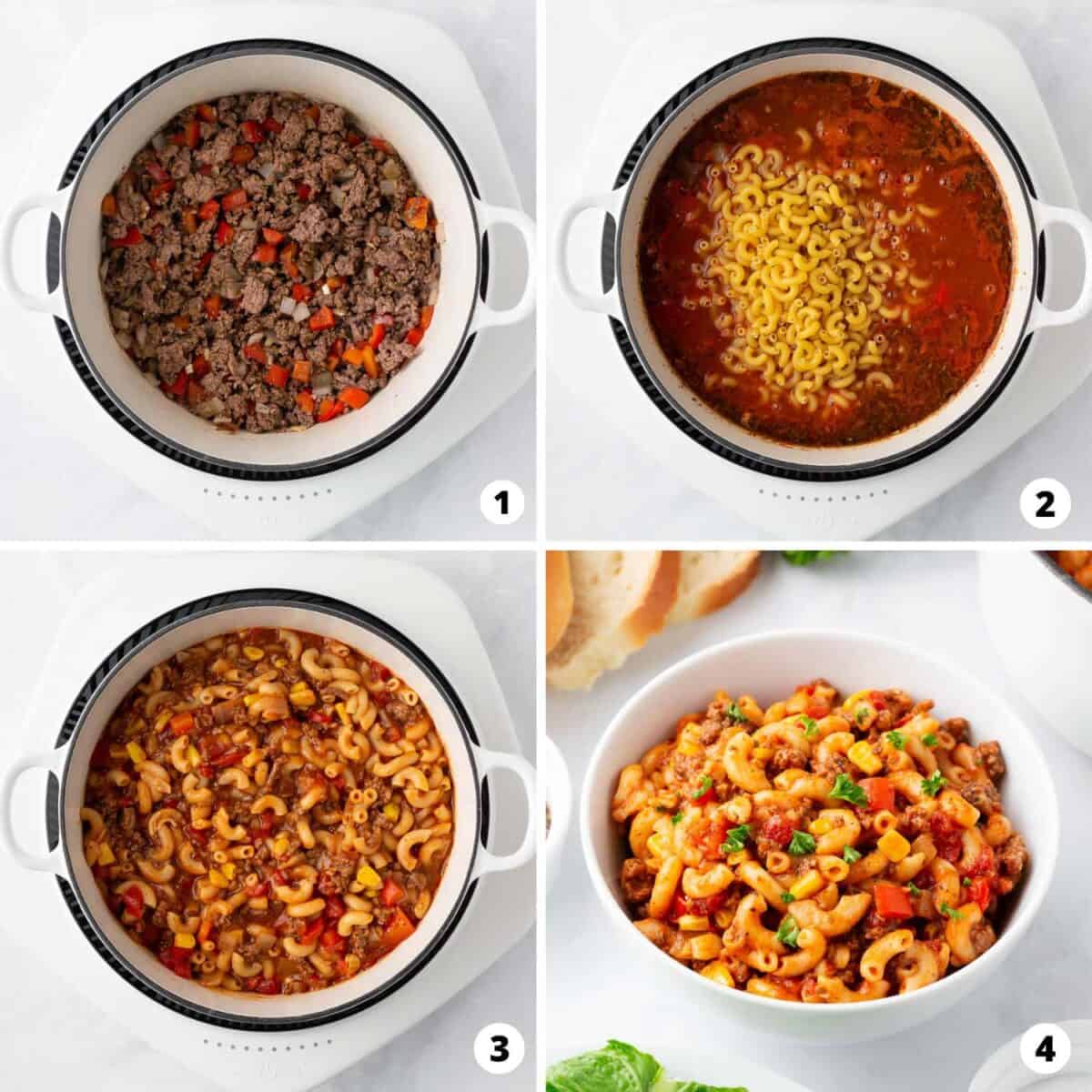 Showing how to make goulash in a 4 step collage.