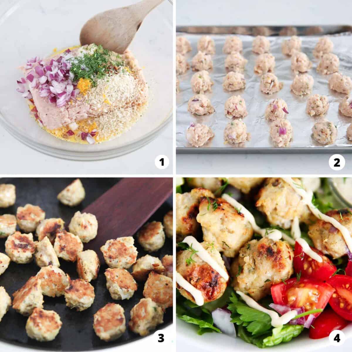 Showing how to make greek chicken meatballs in a 4 step collage.