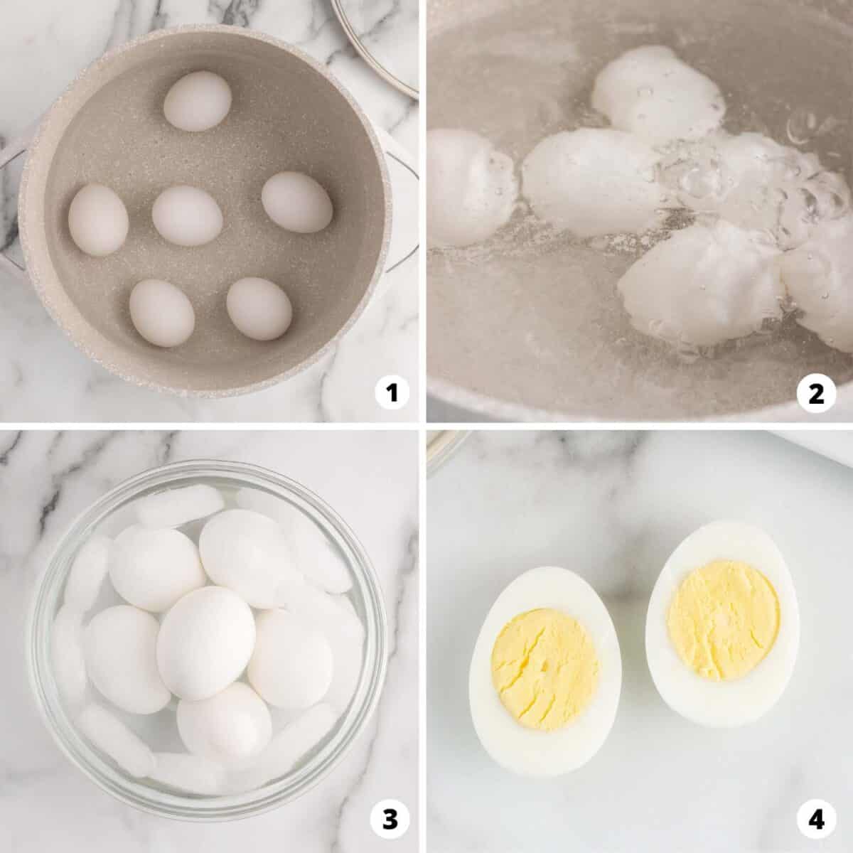 Showing how to make hard boiled eggs in a 4 step collage. 