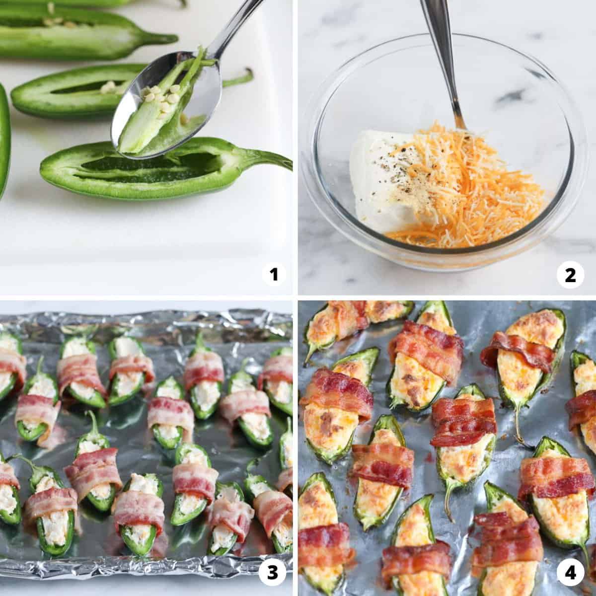 The process of making jalapeno poppers in a four step collage. 