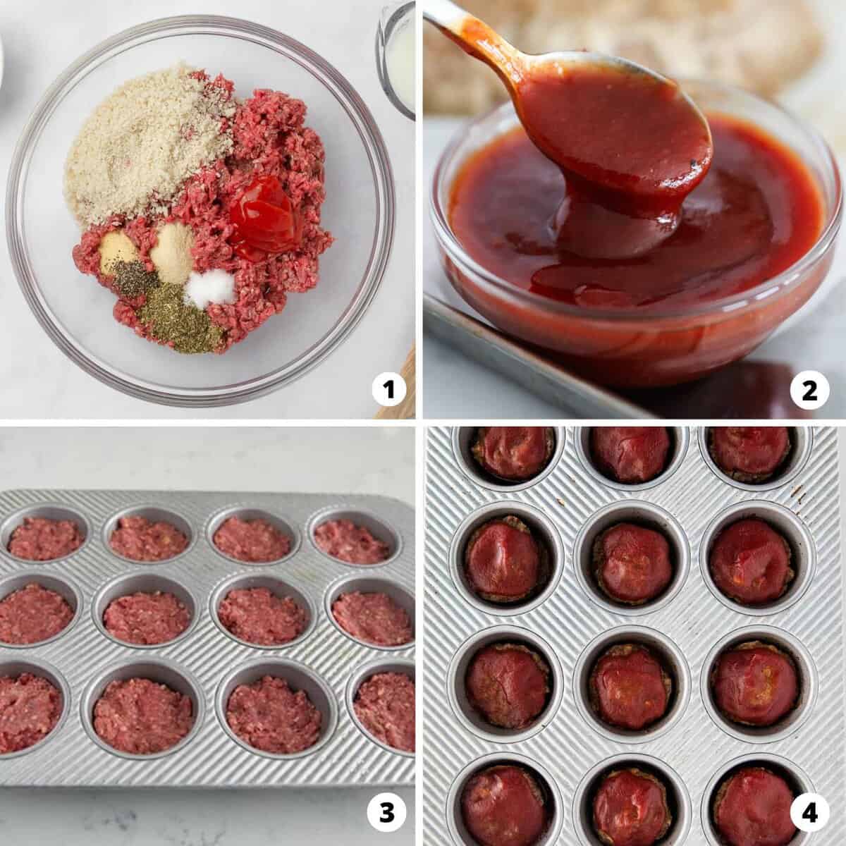 Showing how to make meatloaf muffins in a 4 step collage.