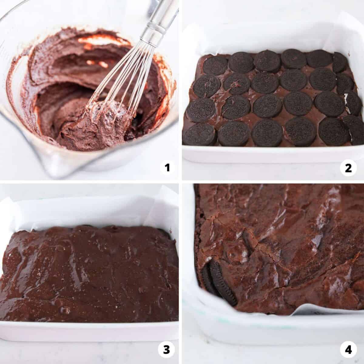 Showing how to make oreo brownies in a 4 step collage.