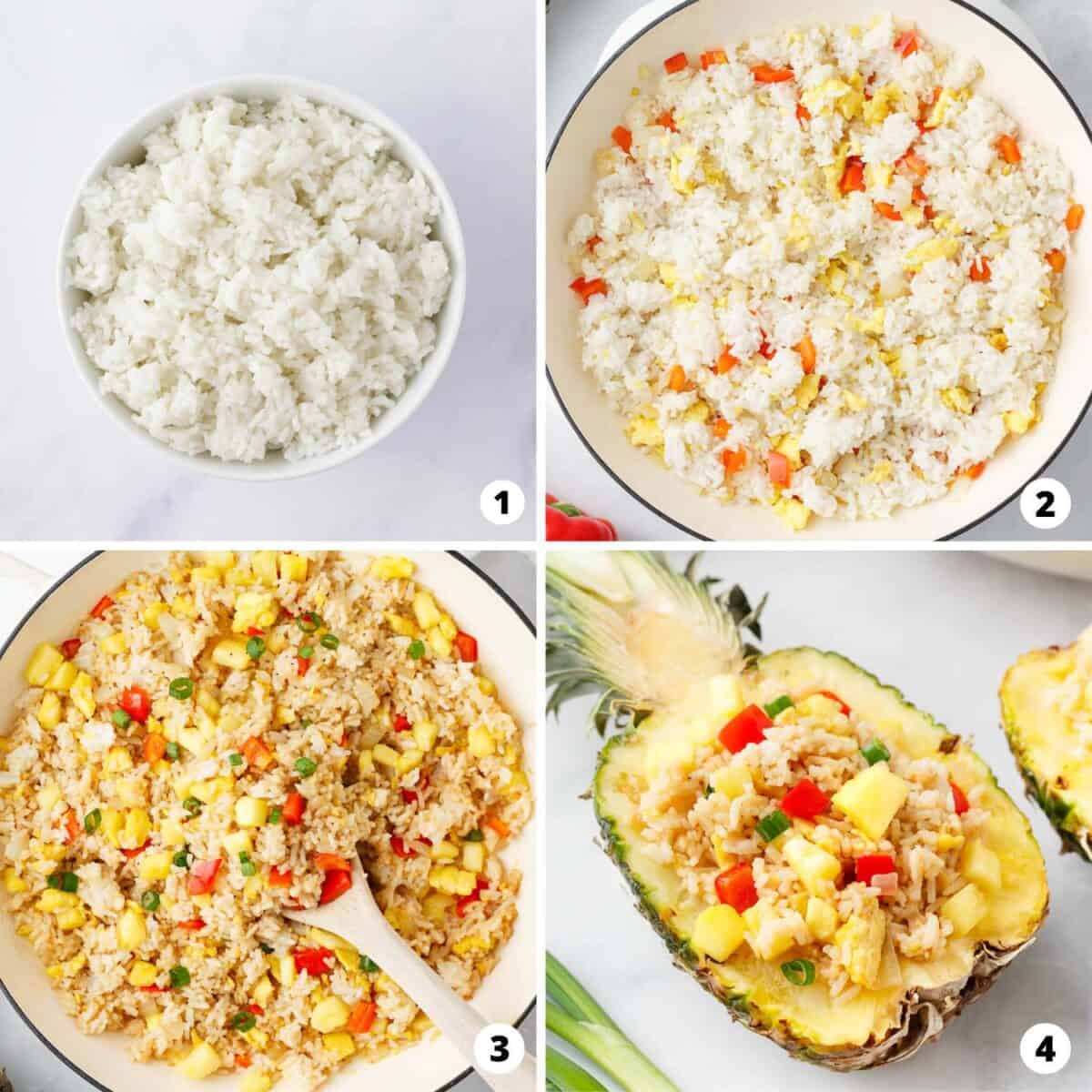Showing how to make pineapple fried rice in a 4 step collage.