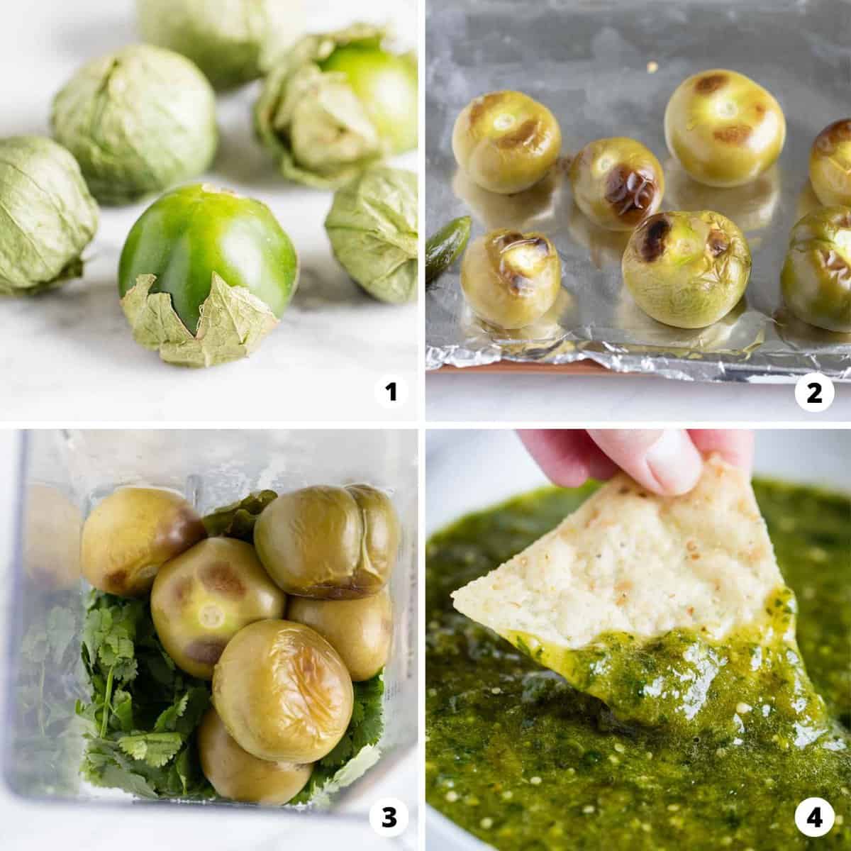 The process of making salsa verde in a four step photo collage. 