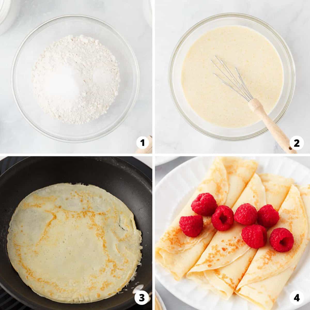 Showing how to make swedish pancakes in a 4 step collage.