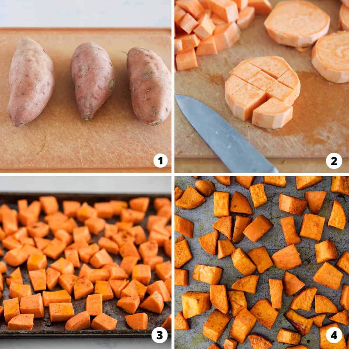 A four step photo collage of how to make sweet potatoes. 