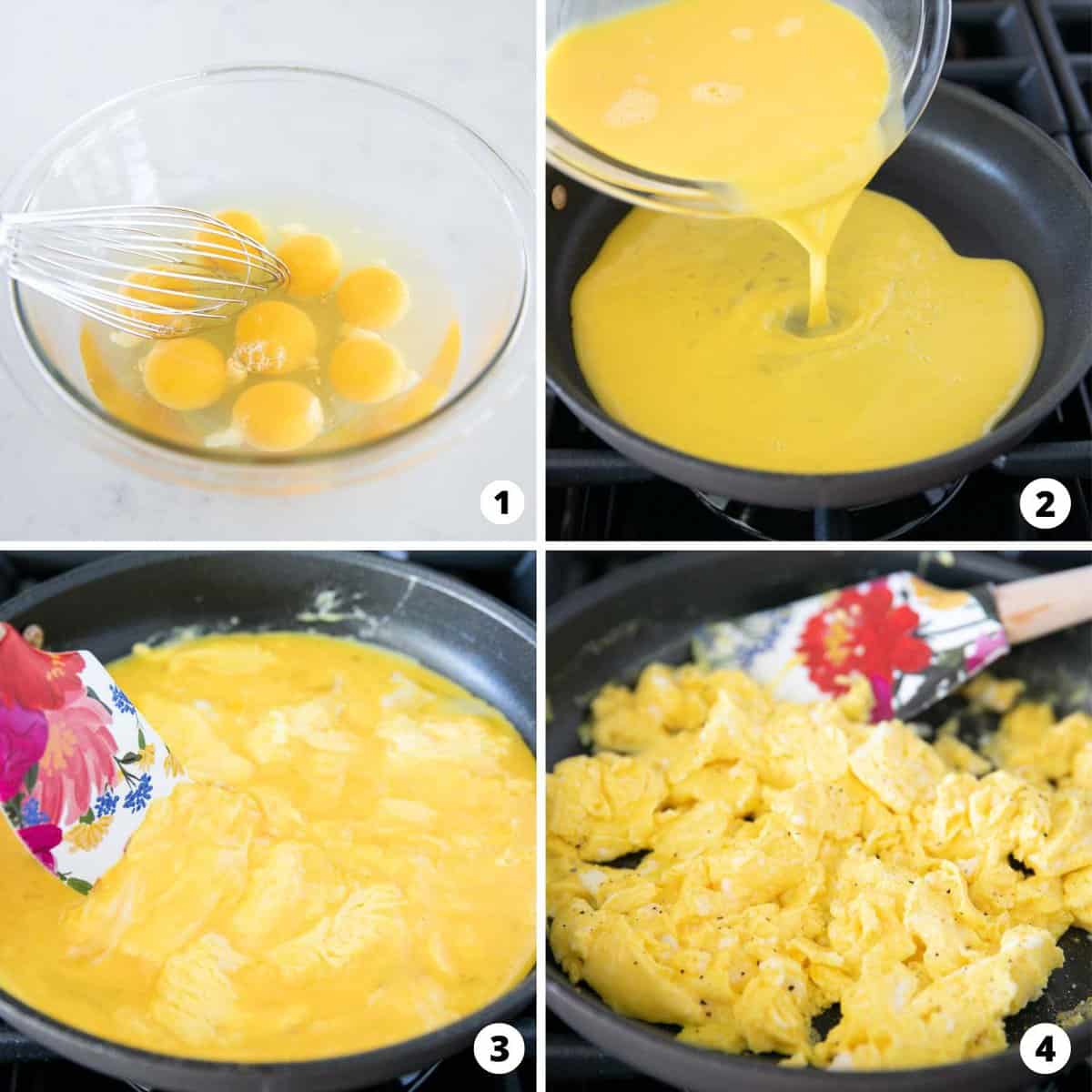 Showing how to make scrambled egg in a 4 step collage.