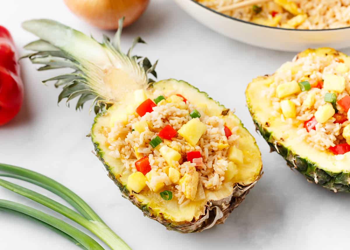 Pineapple fried rice in a pineapple.