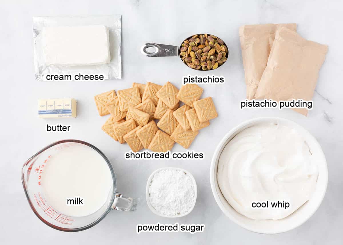 Pistachio dessert ingredients on the counter.