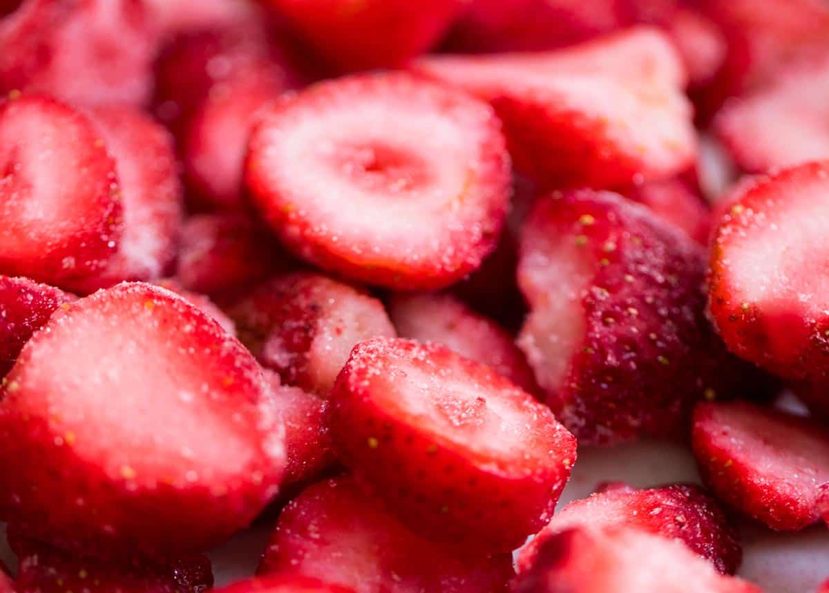 Frozen strawberries on counter.