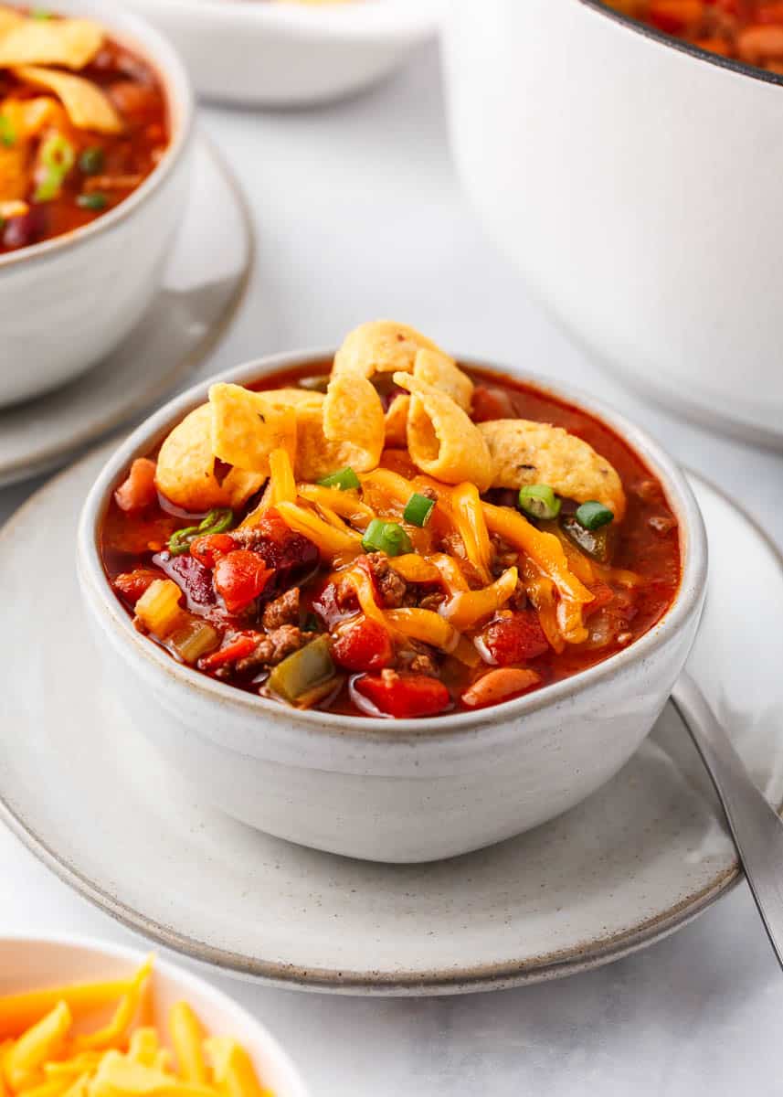 Wendy's chili in a white bowl.