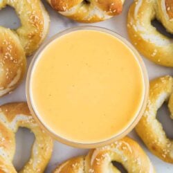 Pretzel cheese dip in a bowl.