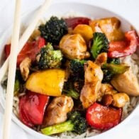 Chicken stir fry in a bowl.