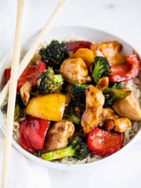 Chicken stir fry in a bowl.