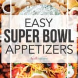 A photo collage of super bowl appetizers.