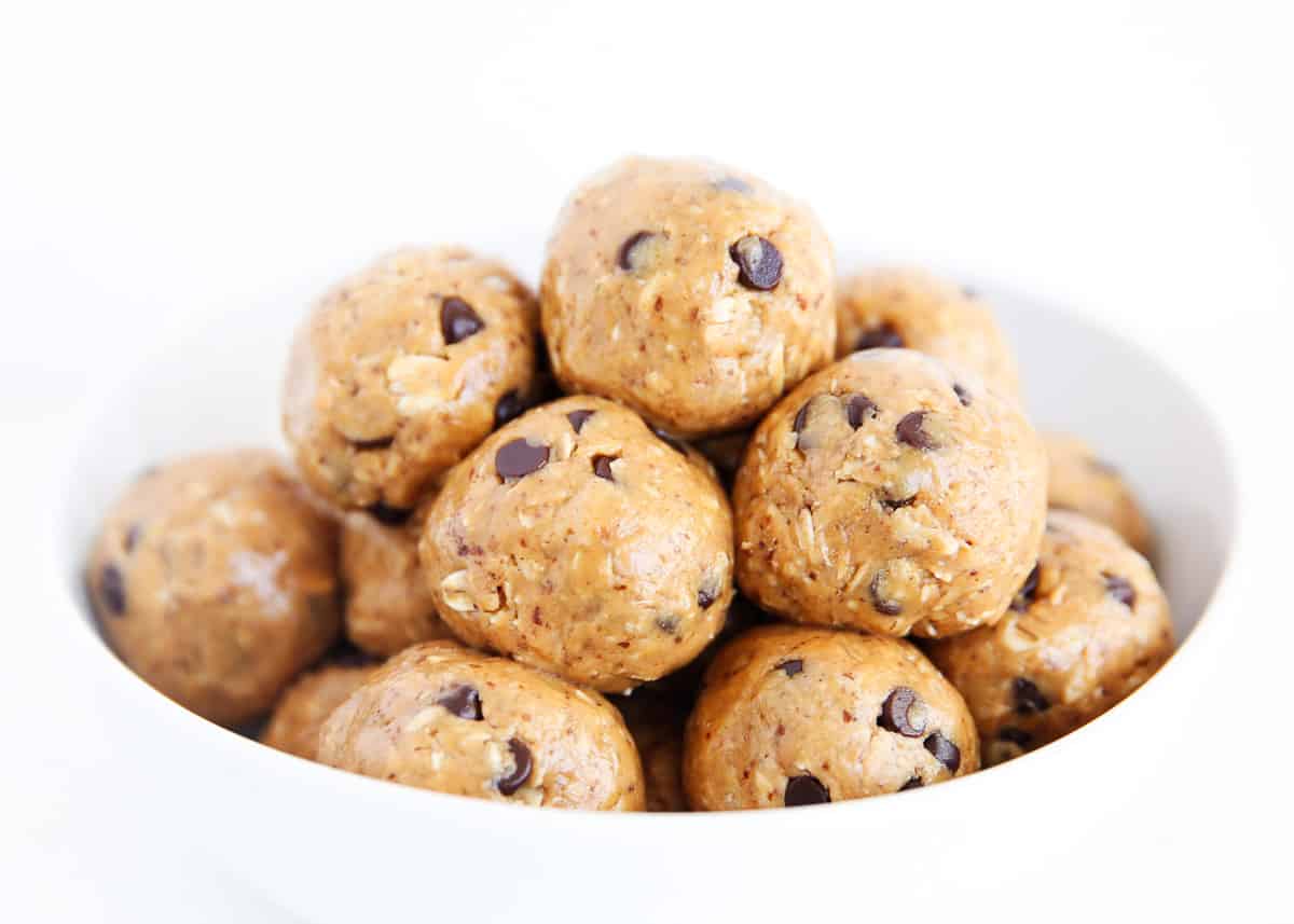 Energy balls stacked in bowl.