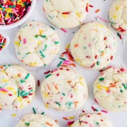 Funfetti cake mix cookies on the counter.