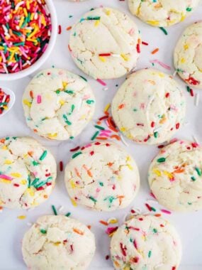 Funfetti cake mix cookies on the counter.