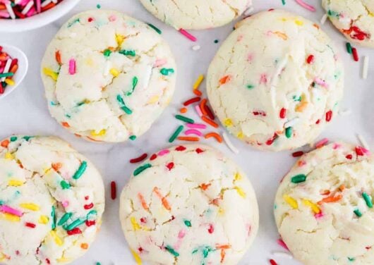 Funfetti cake mix cookies on the counter.