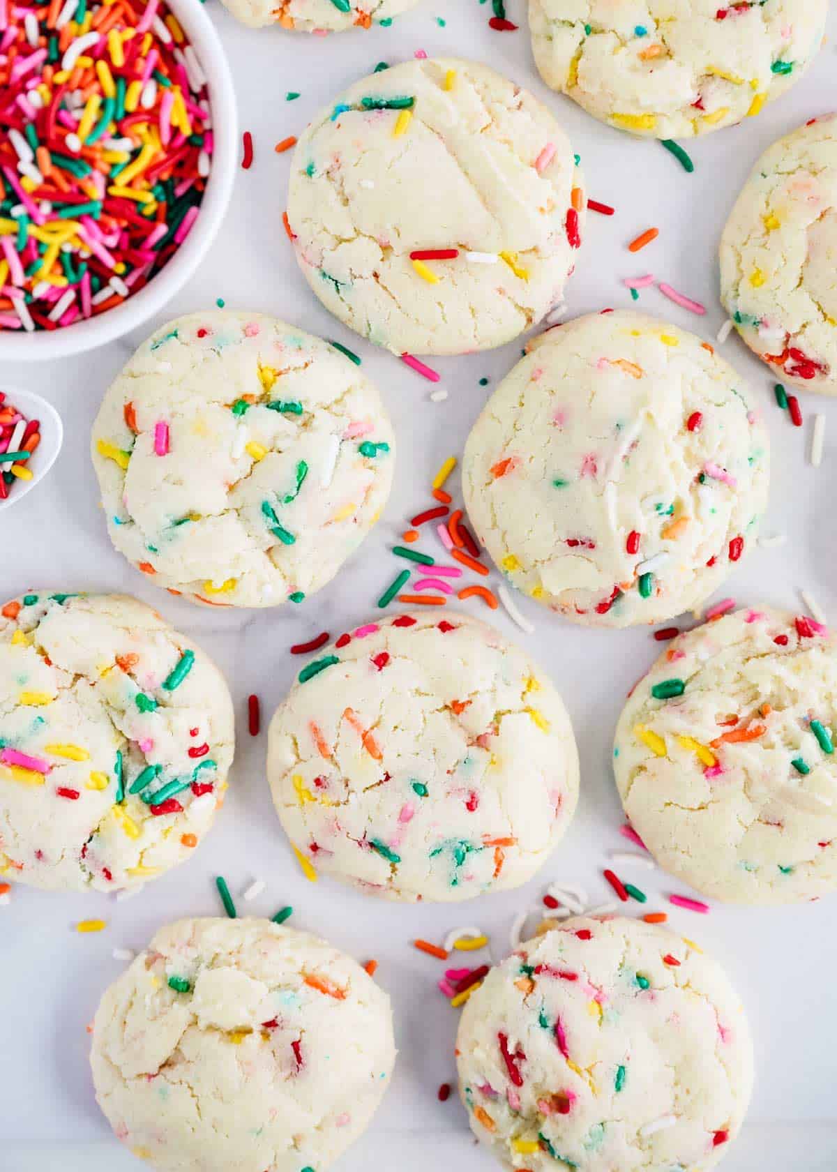 Funfetti cake mix cookies on the counter.