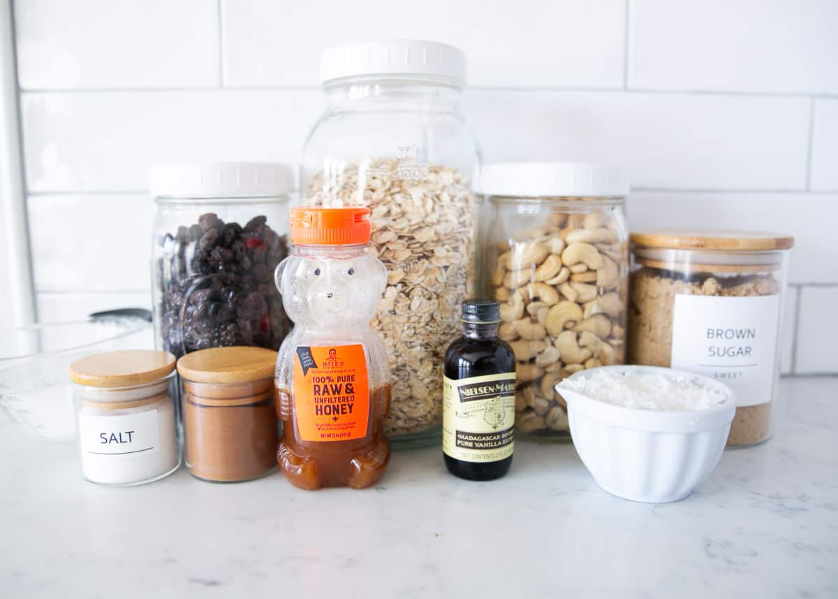 Granola ingredients on counter.