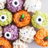 Halloween rice krispie treats on counter.