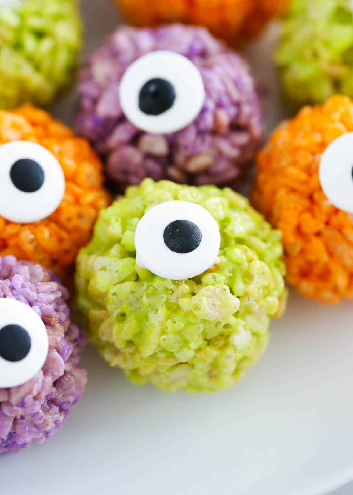 Halloween eye shaped rice krispie shaped on plate.