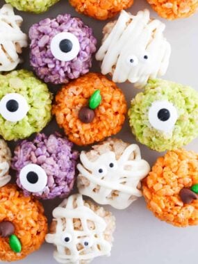 Halloween rice krispie treats on counter.