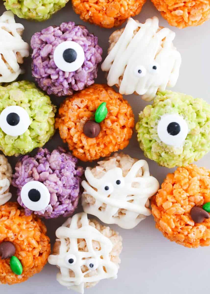 Halloween rice krispie treats on counter.